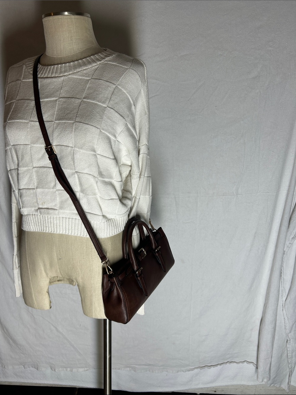 H&M Dark Brown Leather Satchel with Detachable Crossbody Strap